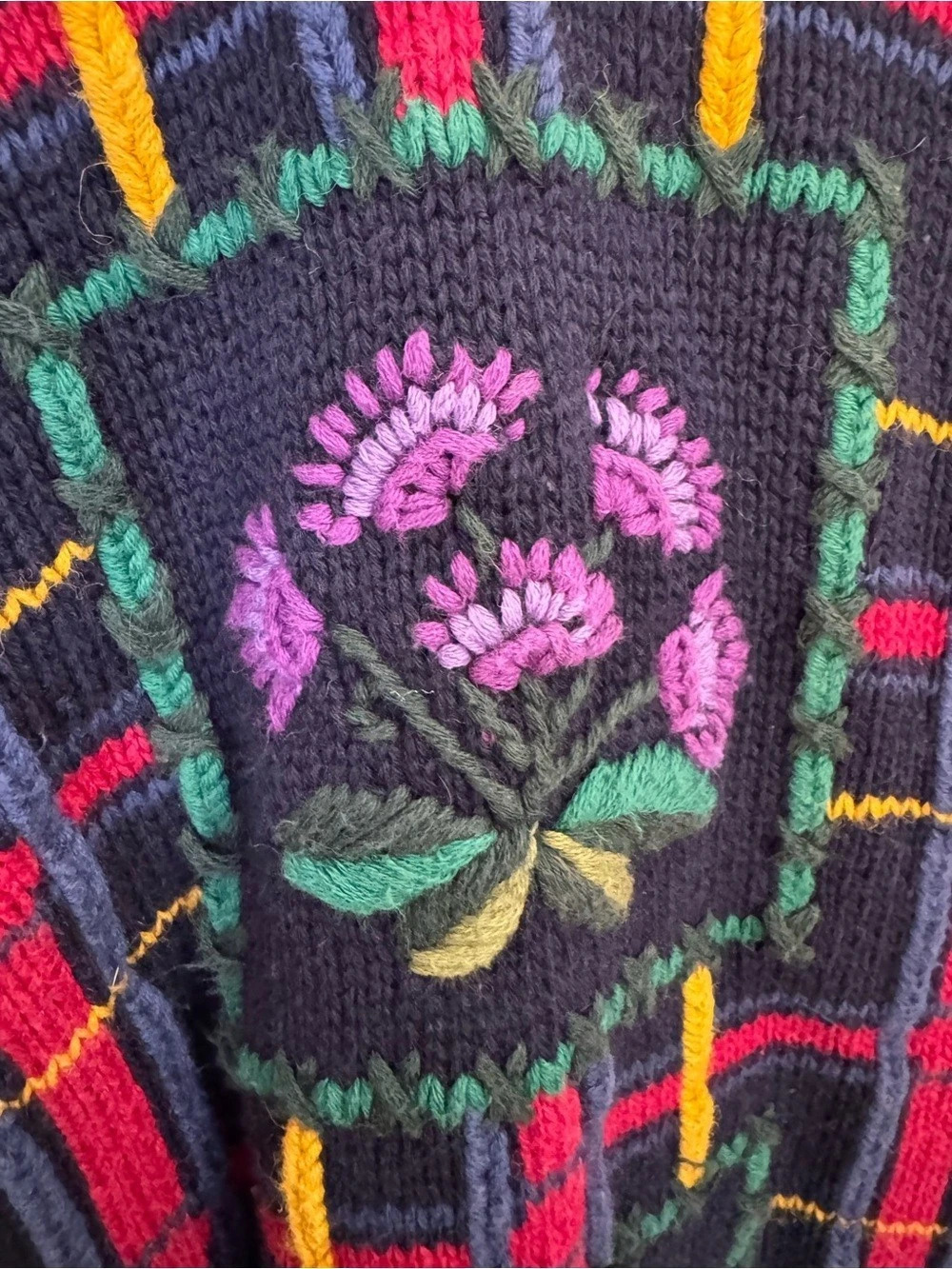 CLIMAX BY SASHA Vintage Floral Embroidered Plaid Knit Cardigan Sweater M MEDIUM - Picture 3 of 9